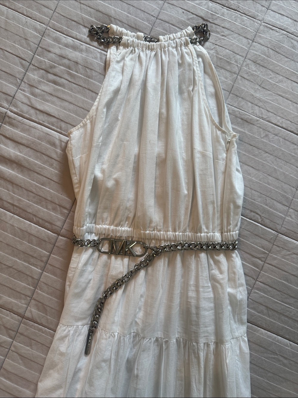 Michael Kors White Halter Tiered Maxi Dress with Silver Accent Belt - Picture 2 of 6
